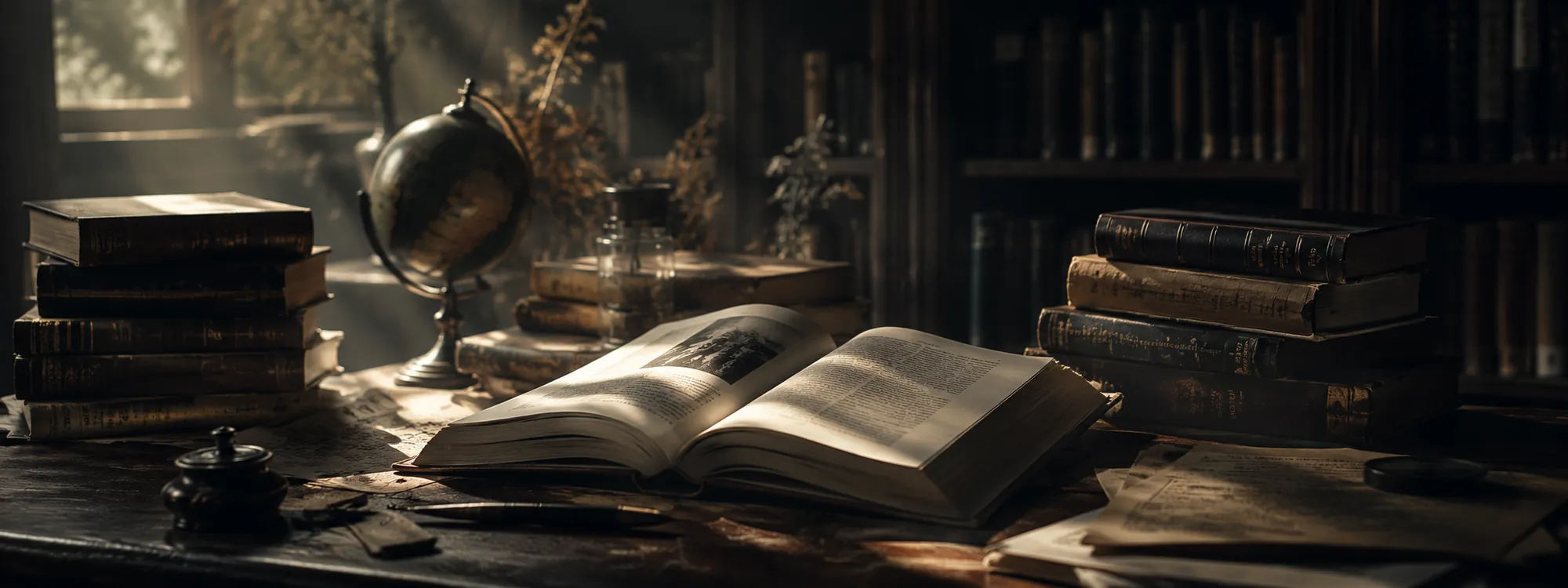 An open book among old volumes in morning light